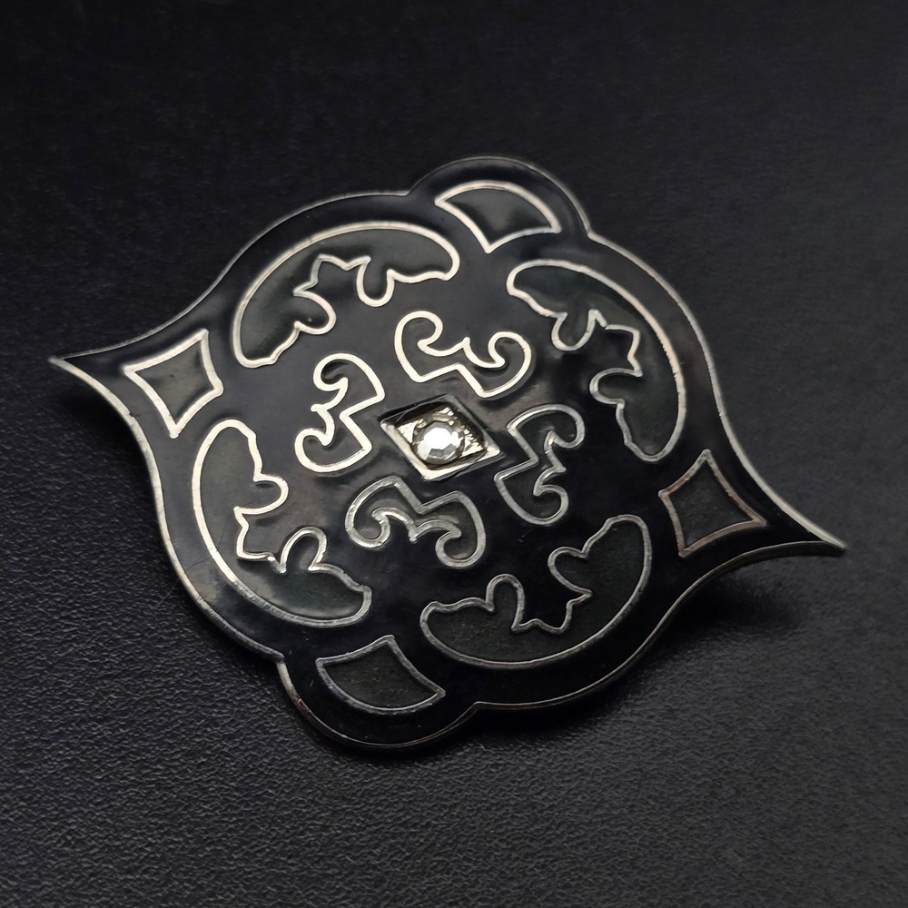 Black Gray Enamel Brooch Ornate Vintage Costume Jewelry